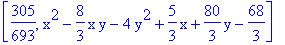 [305/693, x^2-8/3*x*y-4*y^2+5/3*x+80/3*y-68/3]